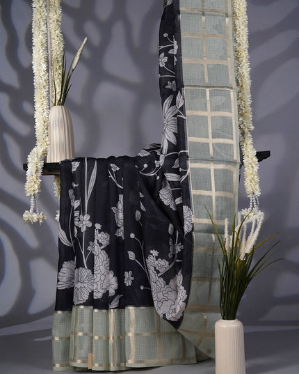 Kota Silk Saree with Floral Print and Contrast Border- Black and Green