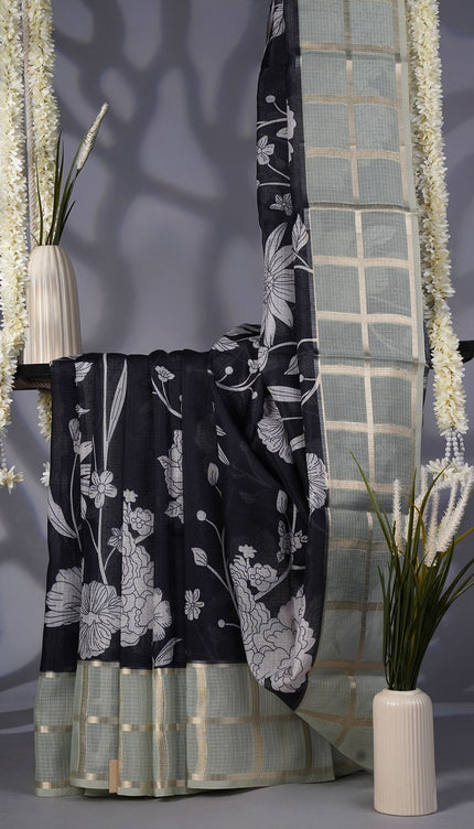 Kota Silk Saree with Floral Print and Contrast Border- Black and Green