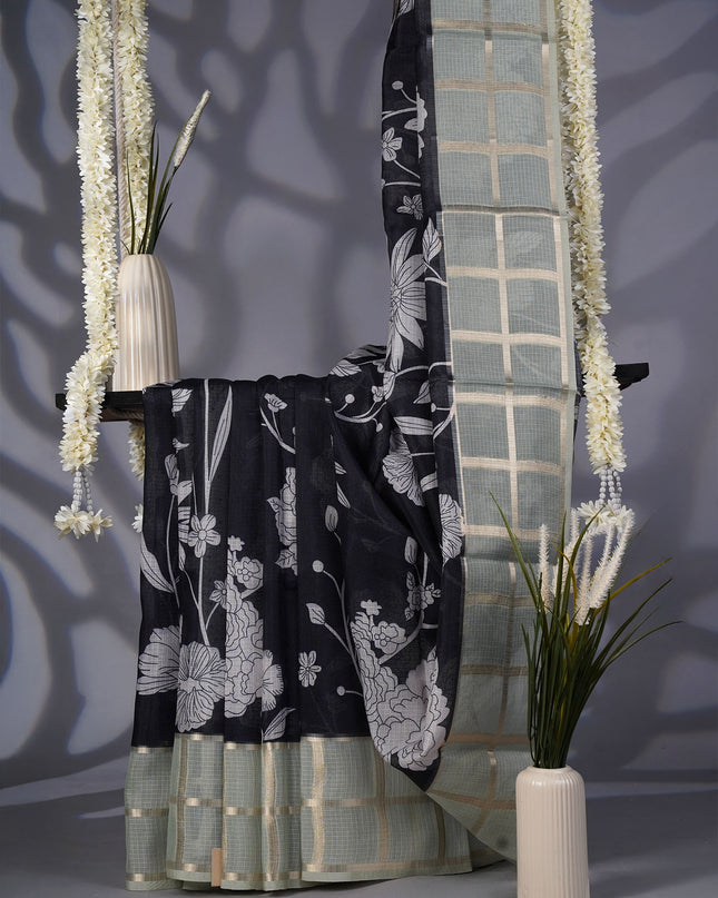 Kota Silk Saree with Floral Print and Contrast Border- Black and Green