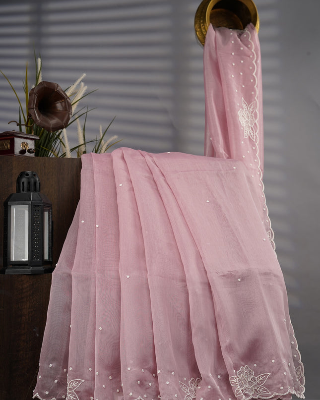 Tissue Linen Saree With Scallop Border With Pearl Work - Lavender