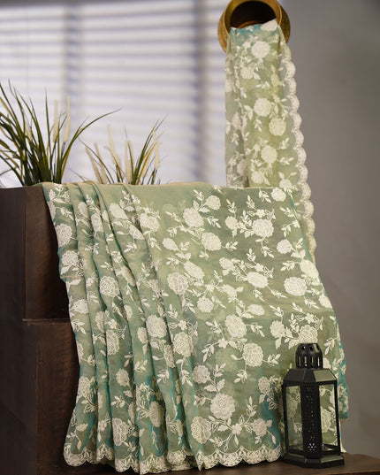 Tissue Georgette all Over Chicken Kari Work with Scallop Border - Sea Green