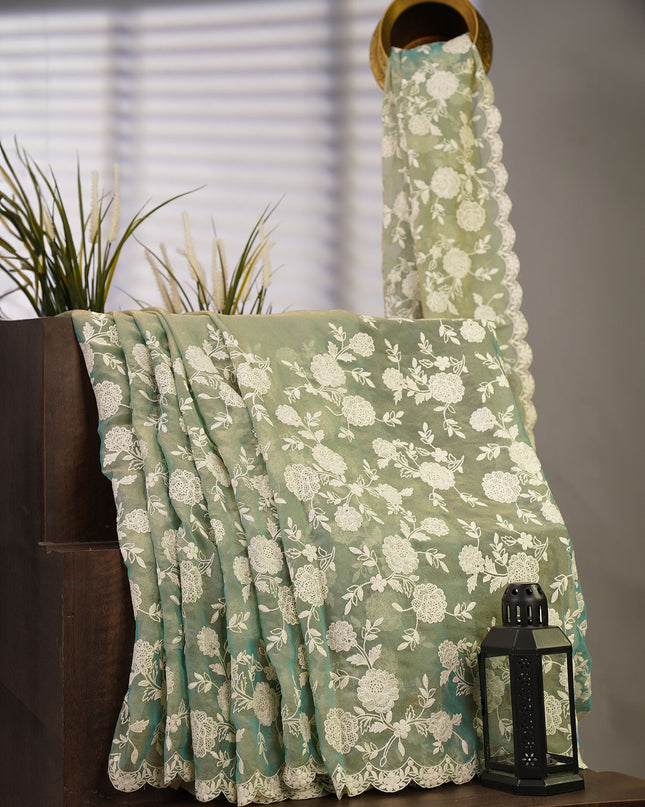 Tissue Georgette all Over Chicken Kari Work with Scallop Border - Sea Green