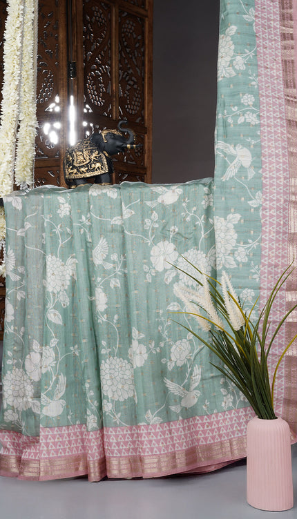 Muslin silk floral print golden butties with contrast border - Sea Green