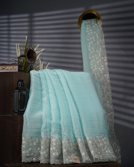 Soft Tissue Organza with Ary Work with Scallop Border- Sky Blue