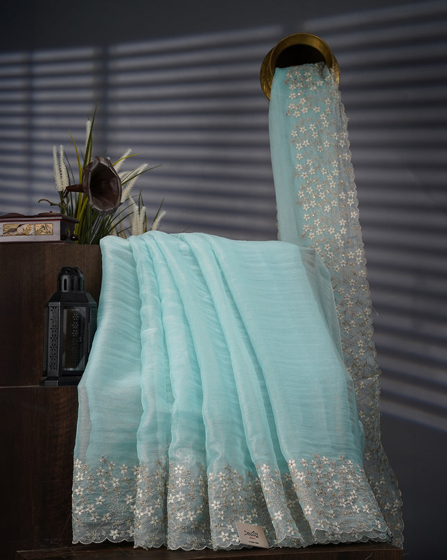 Soft Tissue Organza with Ary Work with Scallop Border- Sky Blue