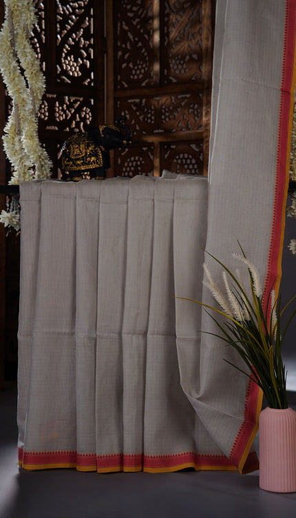 Mul cotton saree with  Allover stripes and contrast border - Light Grey