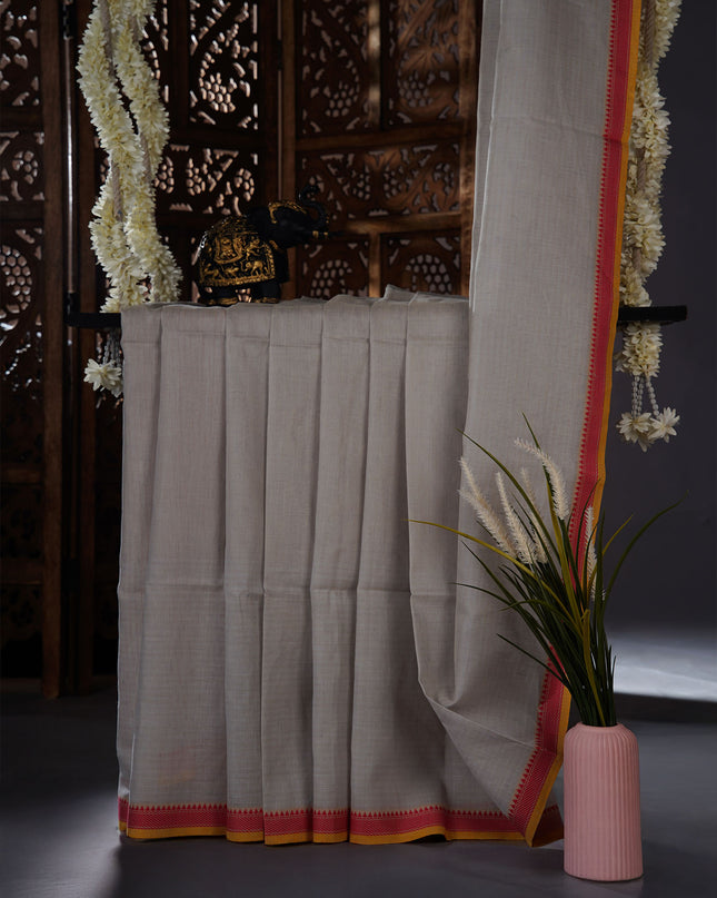 Mul cotton saree with  Allover stripes and contrast border - Light Grey