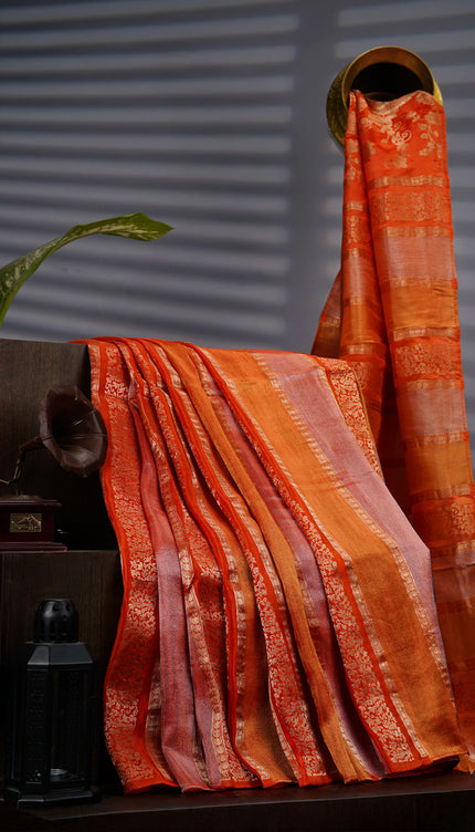 Banarasi Tissue Silk Saree With Gold Zari Work - Orange