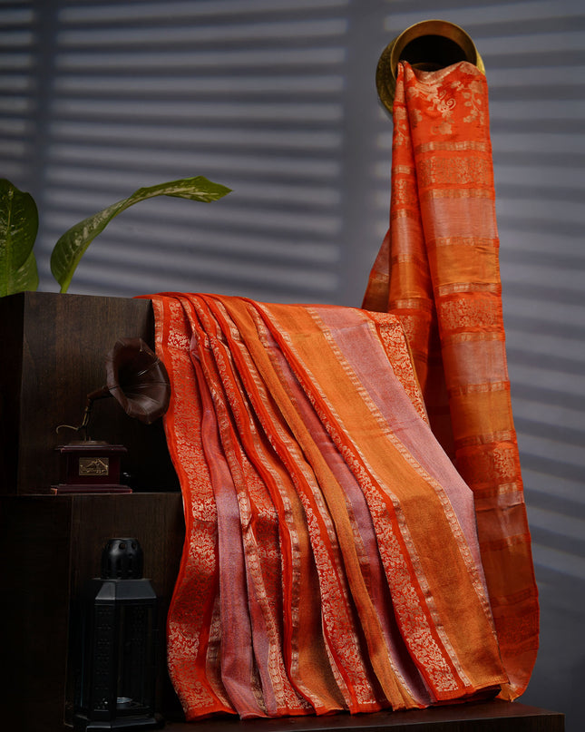 Banarasi Tissue Silk Saree With Gold Zari Work - Orange