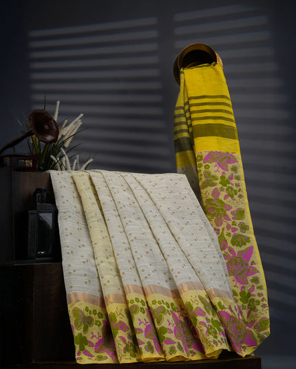 Chanderi Silk Saree With Floral Print Border - Beige