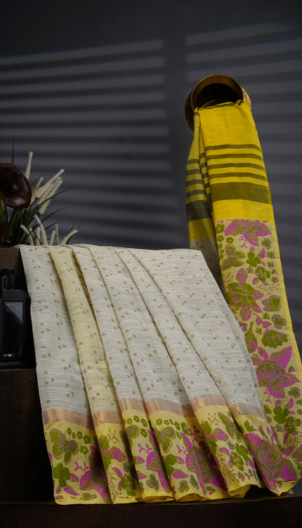 Chanderi Silk Saree With Floral Print Border - Beige