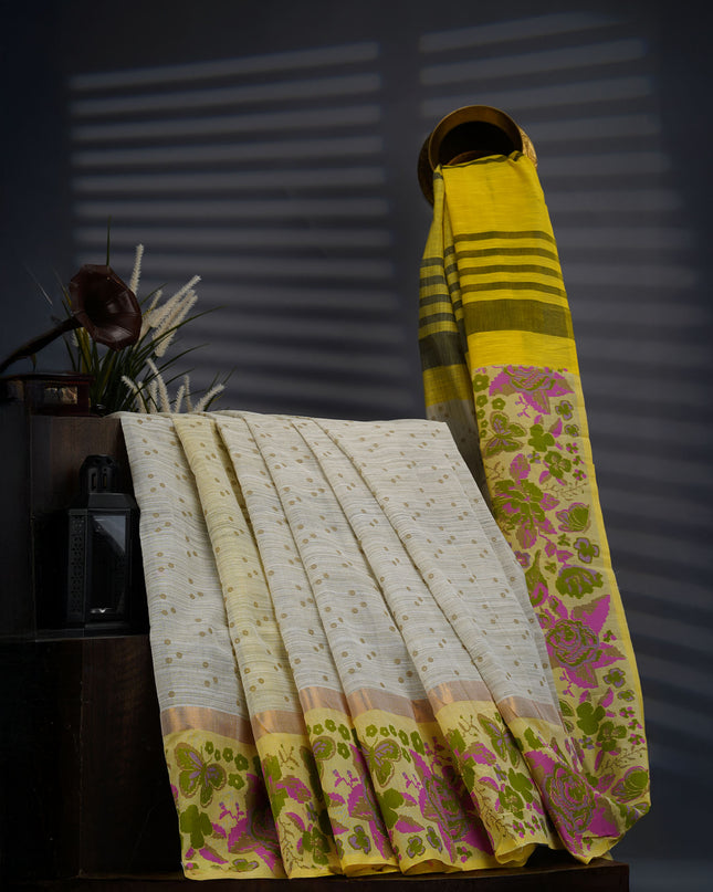 Chanderi Silk Saree With Floral Print Border - Beige