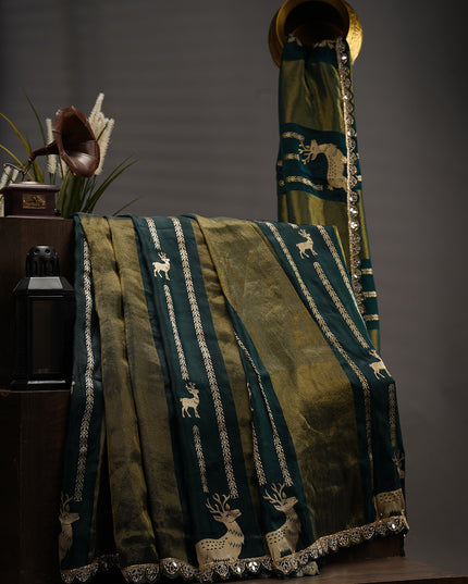 Benaras Silk Saree With Scallop Border with Kardhana & Mirror Hand Work - B Green