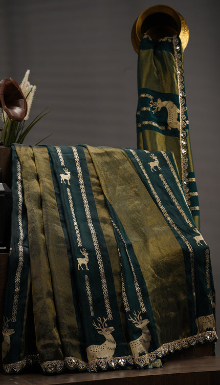 Benaras Silk Saree With Scallop Border with Kardhana & Mirror Hand Work - B Green