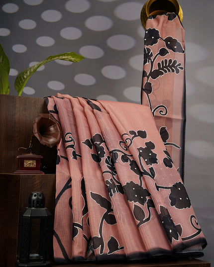 Kota Silk Floral Print Ari Work With Lace Border - Brown