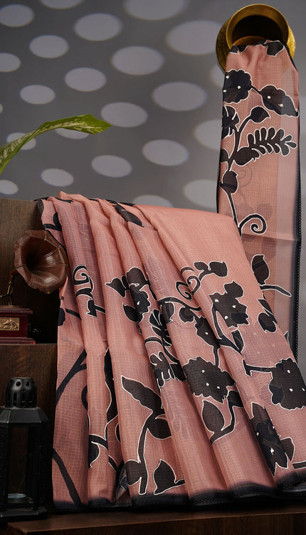 Kota Silk Floral Print Ari Work With Lace Border - Brown