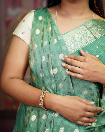 Korean Crepe Saree With Golden Buttis & Border - Green