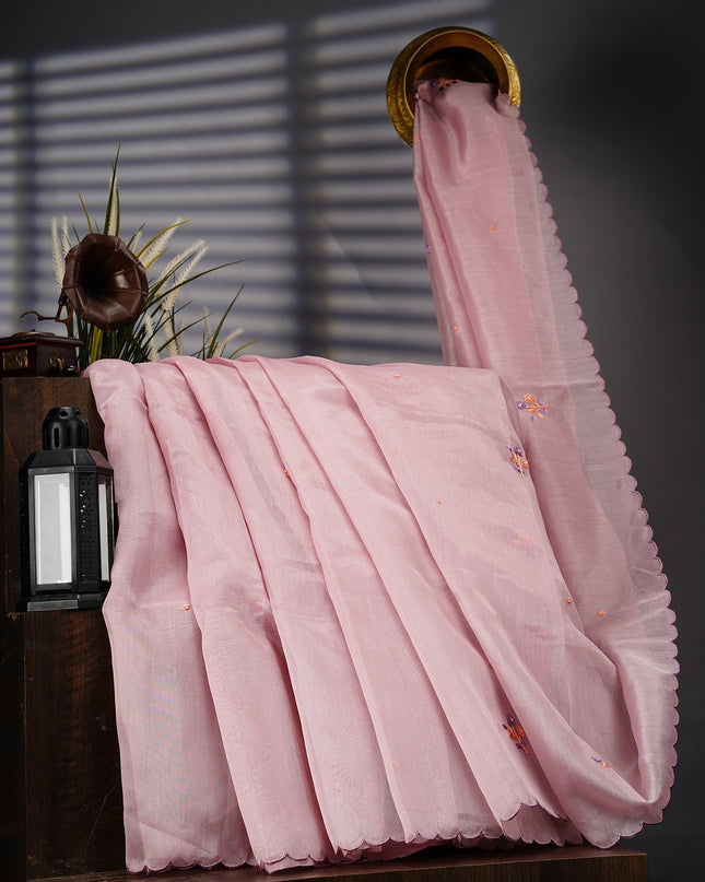 Tissue Linen Saree With Thread Knot Work Butties With Scallop Border - Light Lavender