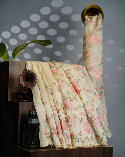 Tissue Lenin Saree with Thread Embroidery Work and Lace border- Beige