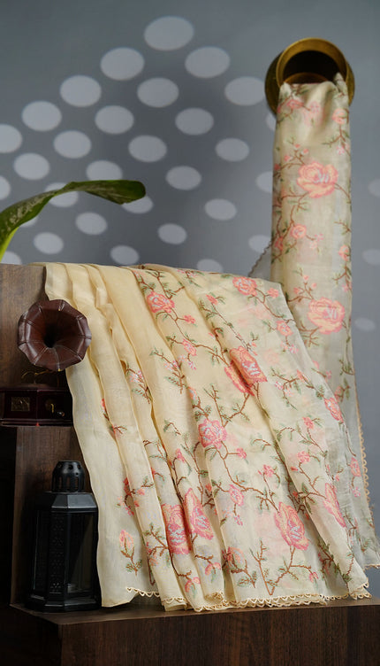 Tissue Lenin Saree with Thread Embroidery Work and Lace border- Beige