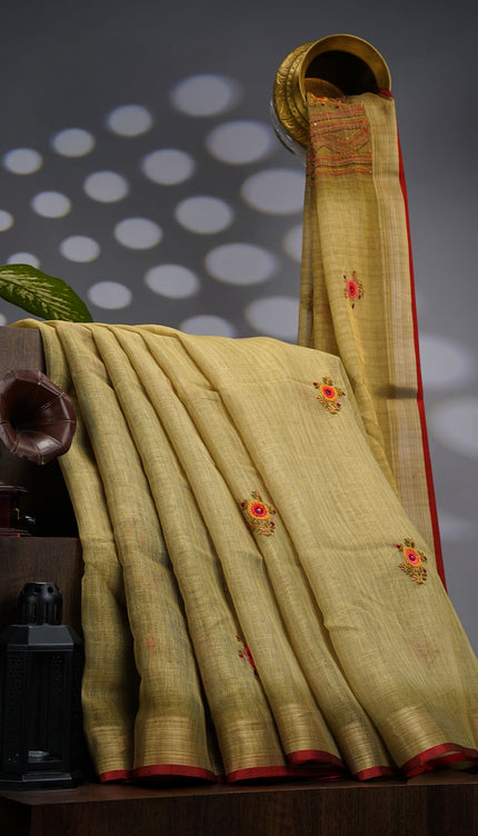 Tissue Linen Saree With Kantha Work & Contrast Border - Light Green