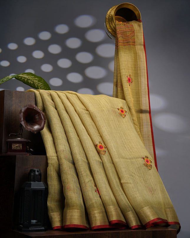 Tissue Linen Saree With Kantha Work & Contrast Border - Light Green
