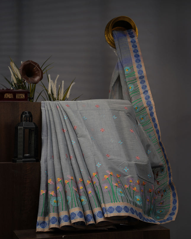 Handloom Cotton Thread Embroidery Butties With Gold & Silver Border - Light Blue