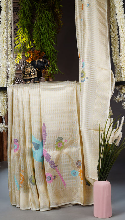 Banaras Silk saree with Meenakari Butties and Golden Zari Border- Cream