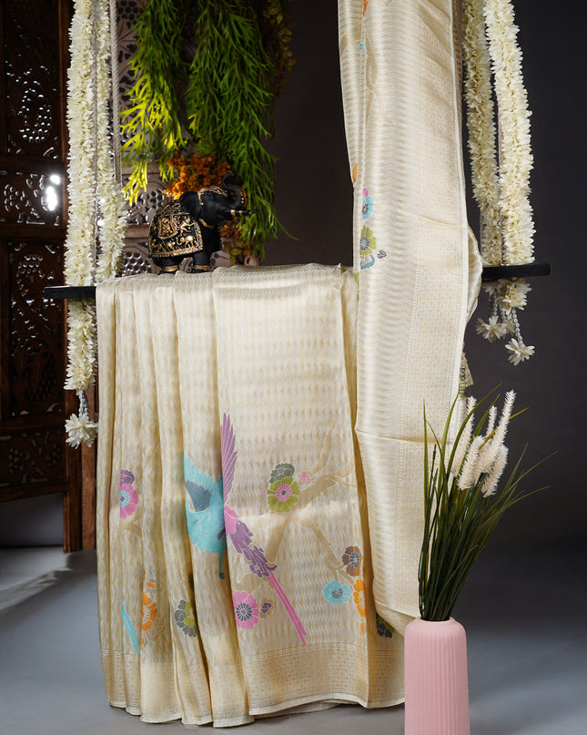 Banaras Silk saree with Meenakari Butties and Golden Zari Border- Cream