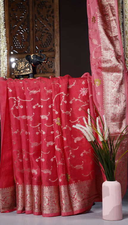 Banaras Silk Saree with Allover Meenakari Weaving and Gold Border - Pink