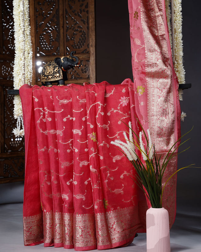Banaras Silk Saree with Allover Meenakari Weaving and Gold Border - Pink