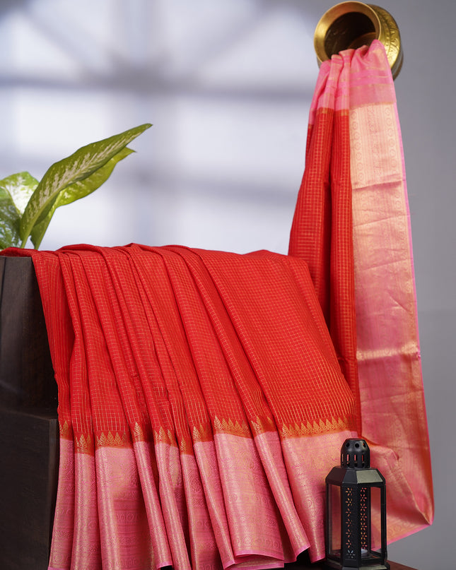 Green Silk Allover Golden Zari Weaving Checks design with Kanchi Border