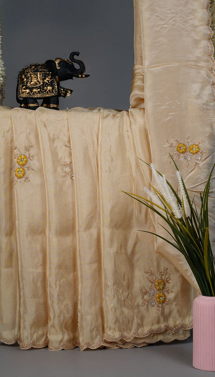 Tissue crepe saree with Embroidery butties and scallop border Kardhana work - Beige