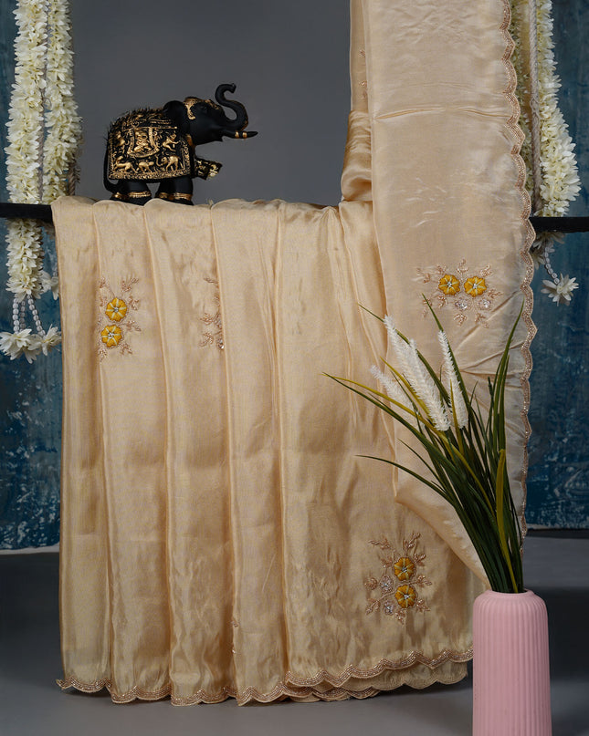 Tissue crepe saree with Embroidery butties and scallop border Kardhana work - Beige