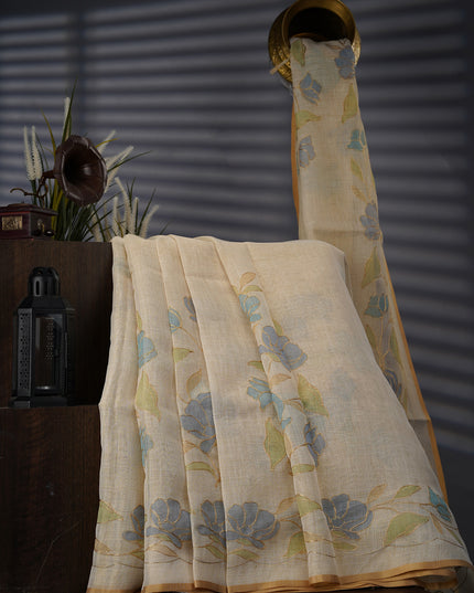 Tissue Linen Saree With Floral Print And Ari Work - Beige & Sky Blue