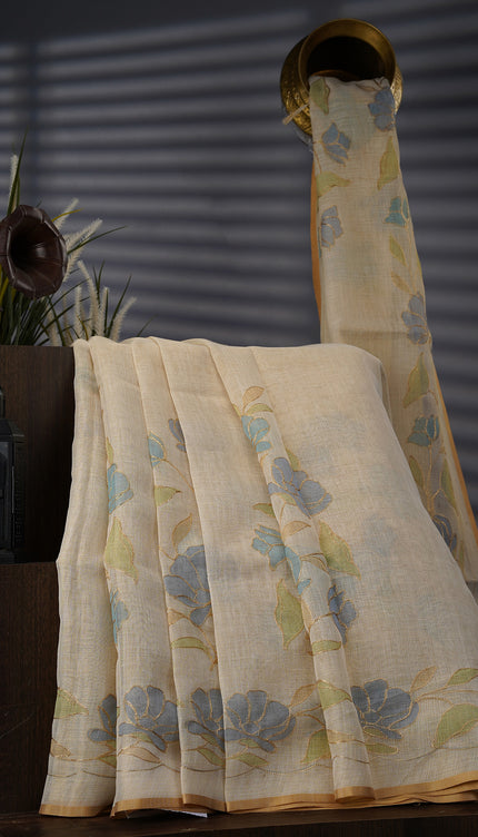 Tissue Linen Saree With Floral Print And Ari Work - Beige & Sky Blue