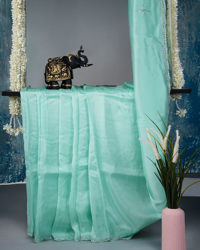 Italian Crepe saree with Kardhana sequence work and Scallop Border - Mint Green