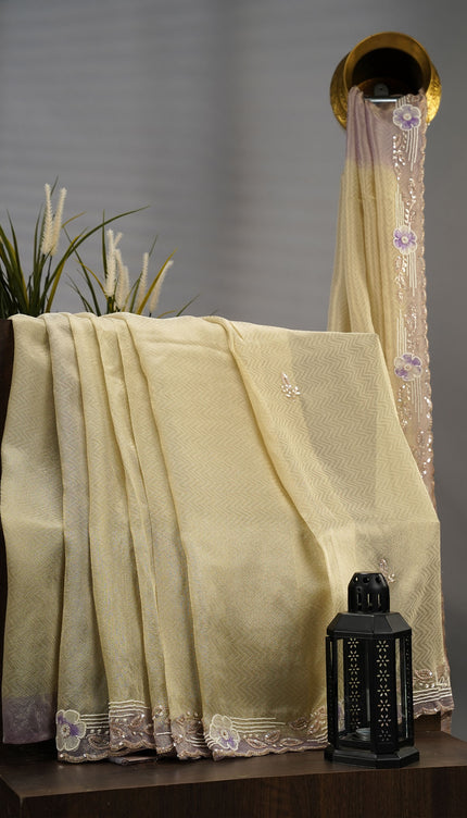 Tissue Georgette Applique Hand Work With Scallop Border - Lavender