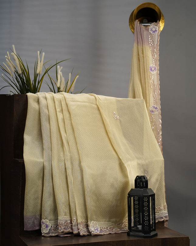 Tissue Georgette Applique Hand Work With Scallop Border - Lavender