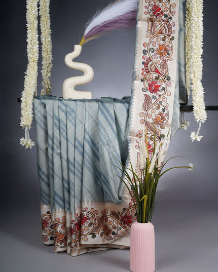 Semi Tusser Saree With Contrast Border - Sea Blue