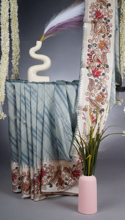 Semi Tusser Saree With Contrast Border - Sea Blue