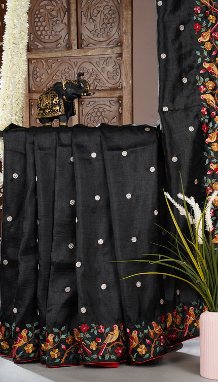 Dupion saree with  golden butties and thread work and  border - Black