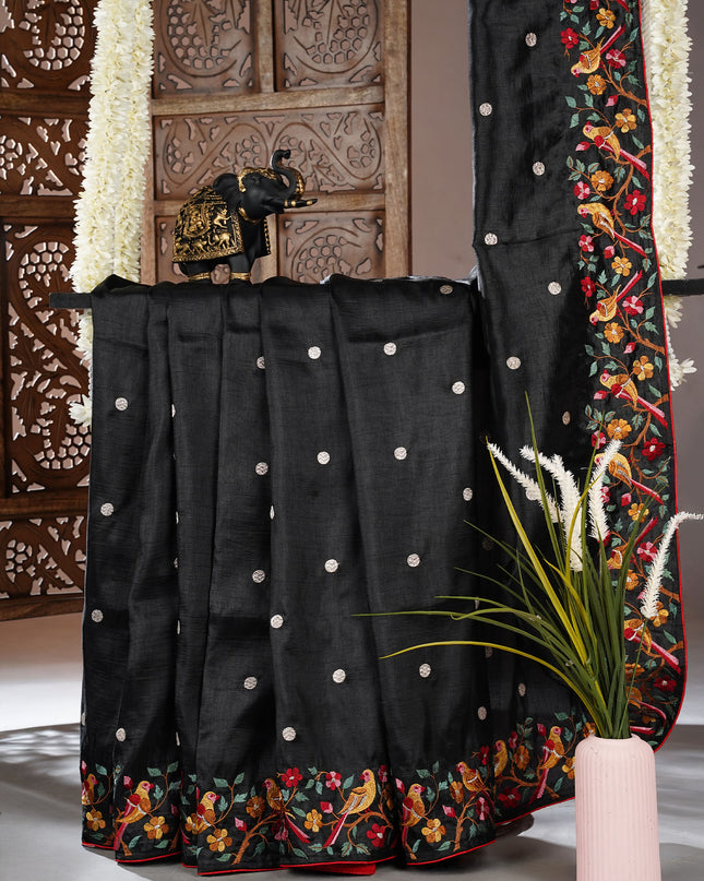 Dupion saree with  golden butties and thread work and  border - Black