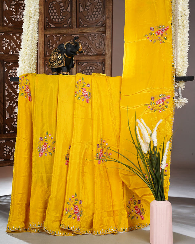 Italian crepe saree with thread Embroidered work butties and scallop border Kardhana work - Yellow