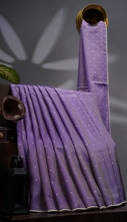 Tissue Crepe Saree with Golden Butties and Lace Border- Lavender