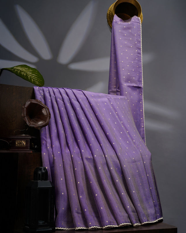 Tissue Crepe Saree with Golden Butties and Lace Border- Lavender