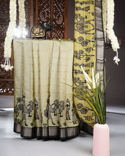 Munga Silk Saree With Golden Zari Border - Green