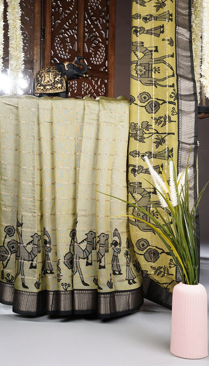 Munga Silk Saree With Golden Zari Border - Green