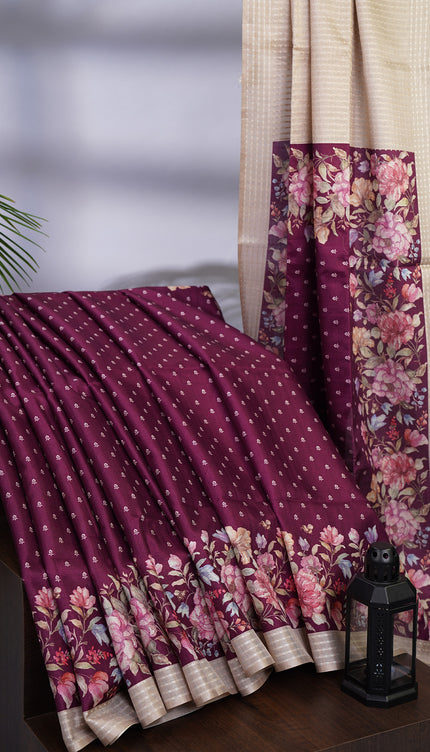 Semi Tusser with Floral Contrast Pallu and Weaving Checks