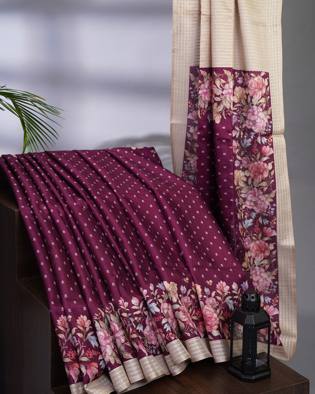Semi Tusser with Floral Contrast Pallu and Weaving Checks